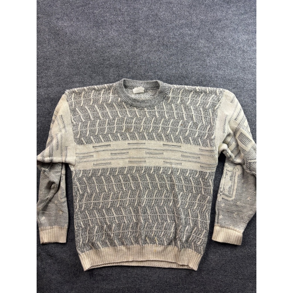 Vintage Generra Sweater Mens Large Gray Cotton Ramie Knit Geometric Crewneck